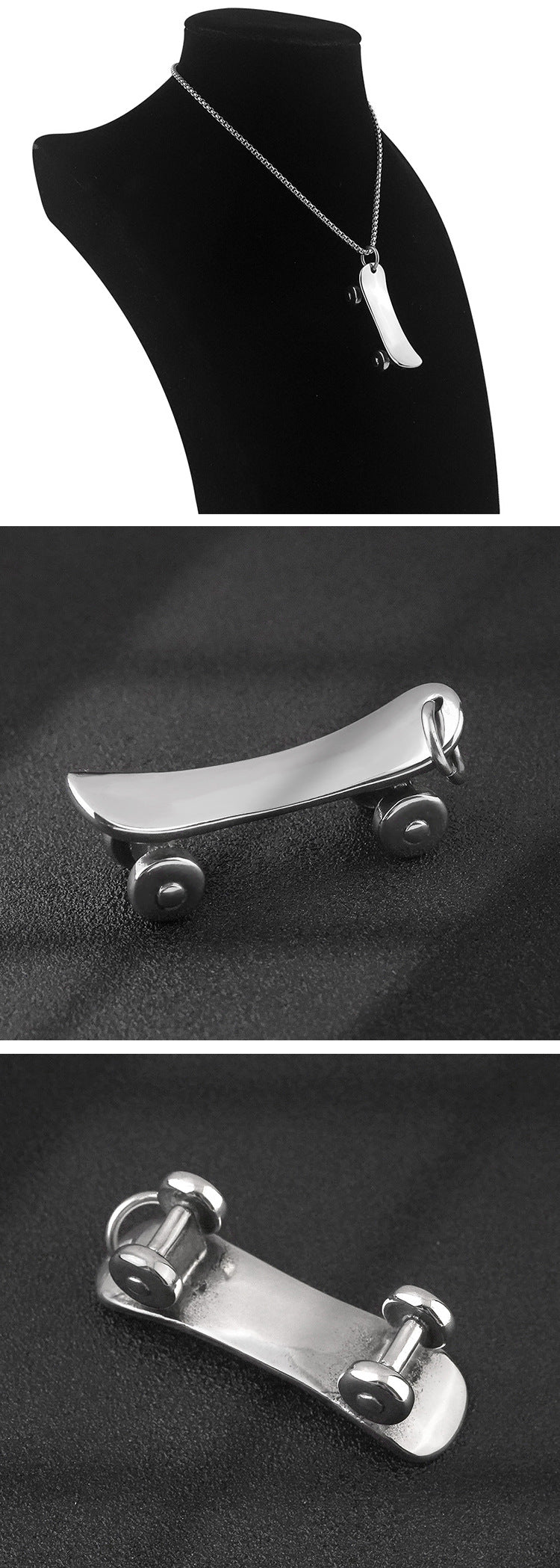 New Men's Personality Skateboard Stainless Steel Pendant Punk Rock Sports Titanium Steel Necklace Factory Wholesale