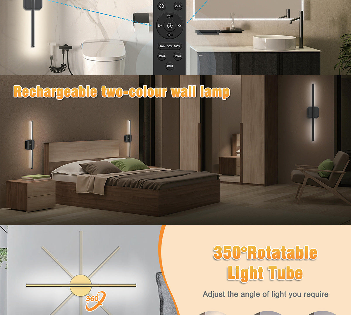 Rechargeable Two-tone Wall Lamp Indoor Wall Lamp Bedroom Bedside Wall Lamp Staircase Wall Lamp No Wiring Wall Lamp Long Strip Wall Lamp
