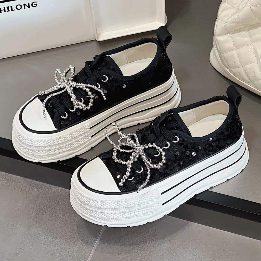 Women's Thick-Soled Canvas Shoes2025Summer New Sequin Pearl White Shoes Lightweight Versatile Height-Increasing Casual Sneakers