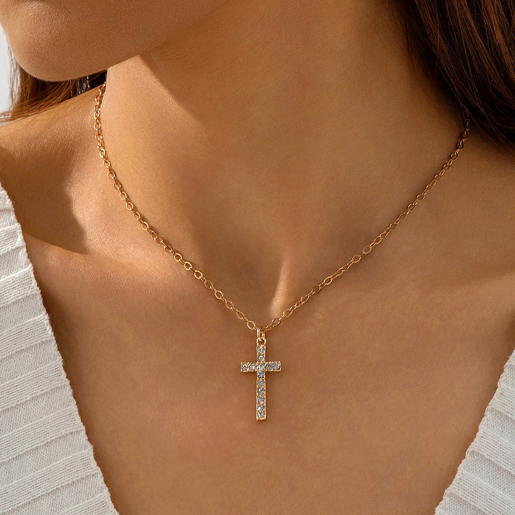 European and American Retro Hollow Diamond Cross Pendant Necklace Gothic Style Black Layered Wear Y Type Necklace