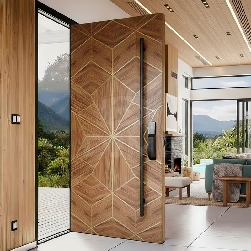 Villa Home Outdoor Timber Door for House Gong groove Line Carving Solid Wood Front Entry Pivot Door with Black Long Handle