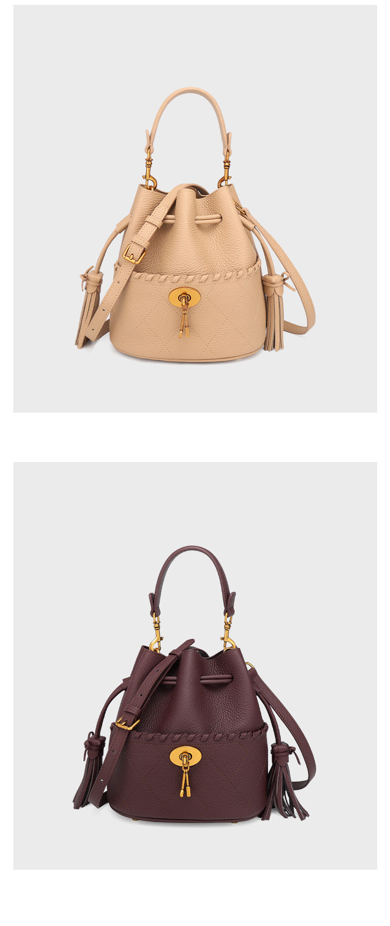 European and American First Layer Cowhide Women's New Genuine Leather Handbag Trendy Bucket Bag Tassel Niche Drawstring Shoulder Crossbody Bag