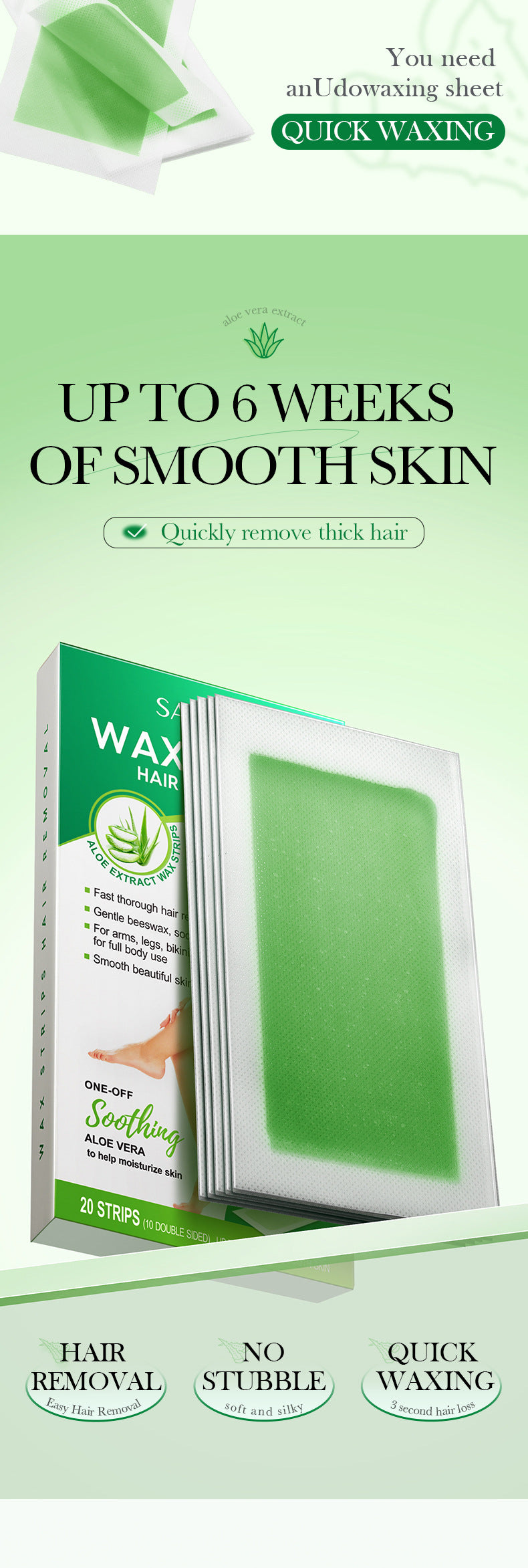 Full English Aloe Vera Double-Sided Hair Removal Wax Paper SADOER Armpit Hair Leg Hair Body Hair Removal Hair Removal Cream  Wholesale