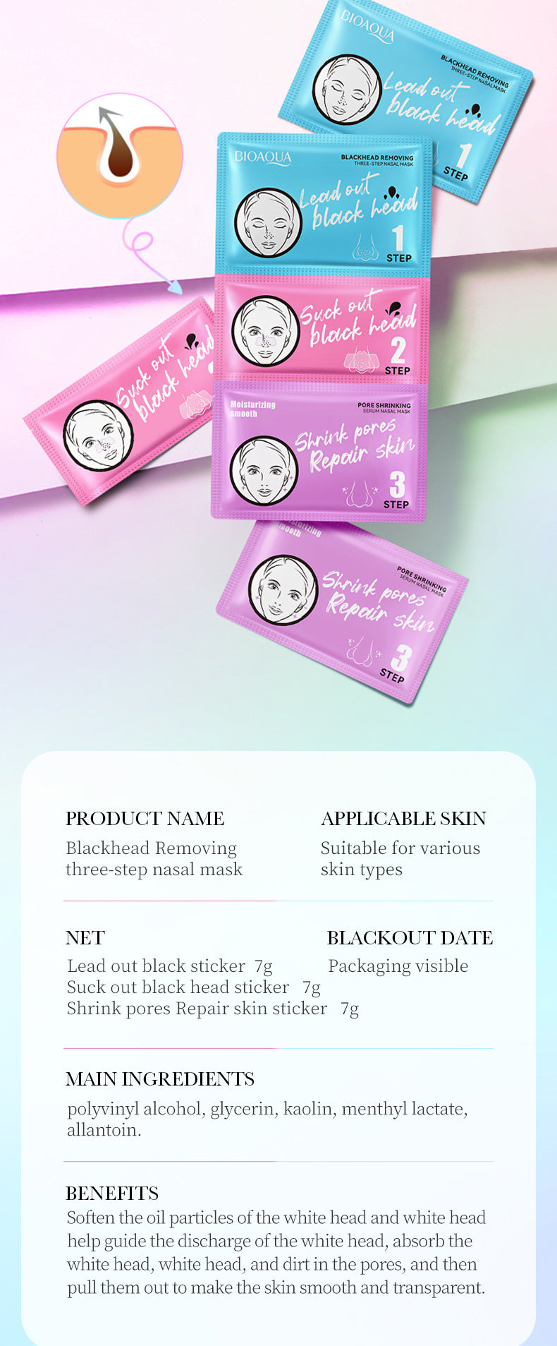 Three-Step Blackhead Removal Nose Strips BIOAOUA Clean Pores T District Nursing Set Cross-Border Wholesale