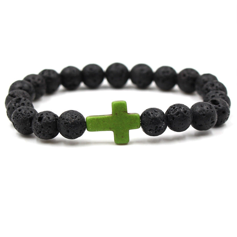 Easter Cross Bracelet Men's Personalized Gift Turquoise Bracelet8mm Beaded Volcanic Stone Cross Bracelet