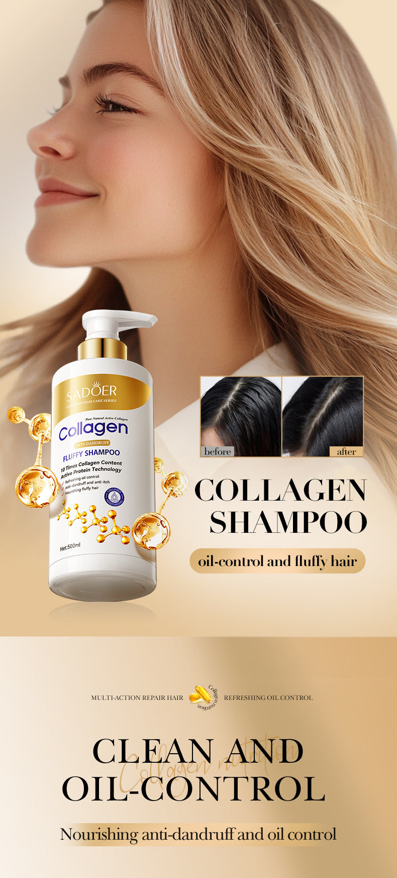 Full English Collagen Anti-Dandruff Shampoo500ml SADOER Smooth Clean Fluffy Shampoo Wholesale