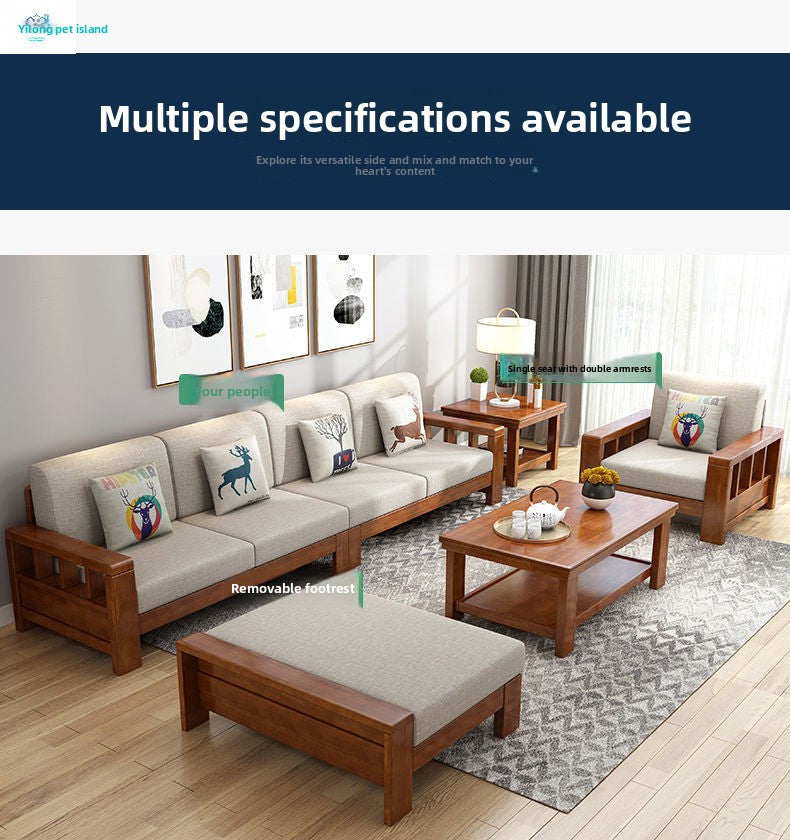 Modern Chinese Style Light Luxury Living Room Solid Wood Sofa Set Small Apartment Three-Seater Rural Wooden Fabric Sofa Bed