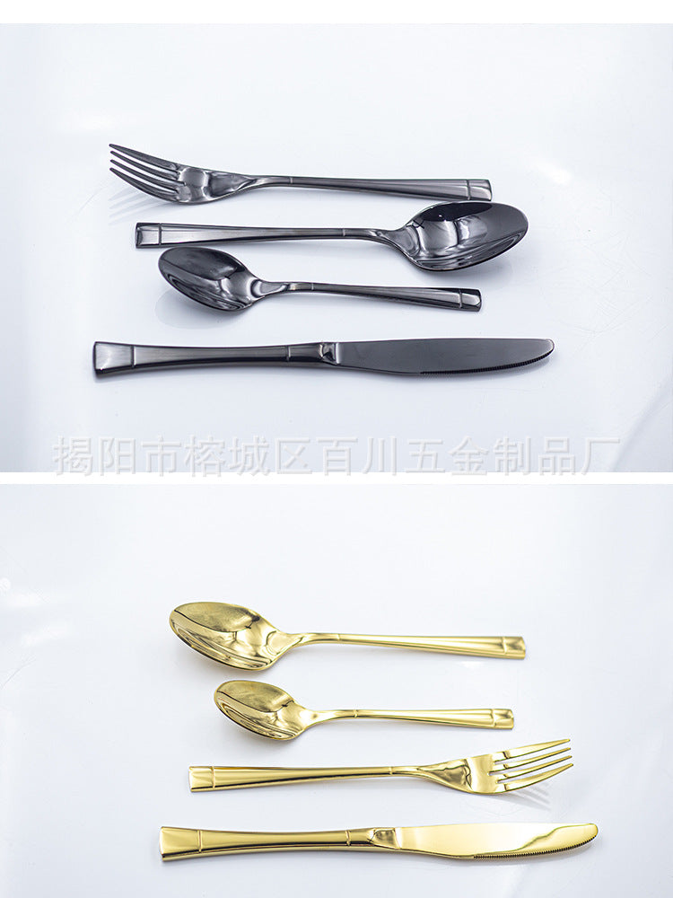 304Stainless Steel Cutlery Set Western Spoon Fork Four-Piece Set Titanium-Plated Square Handle Steak Knife Fork Spoon Gift Set