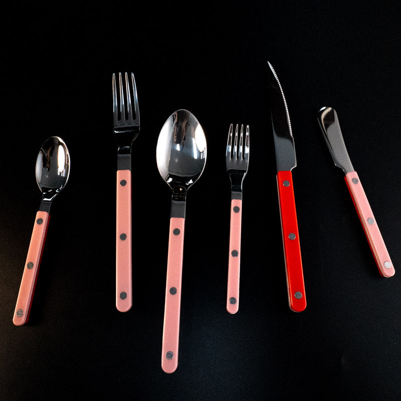 304Mirror Finish Western Tableware Set Color Block Two-Tone Handle Butter Knife Fork Spoon Clip Handle Steak Dessert Spoon Fork