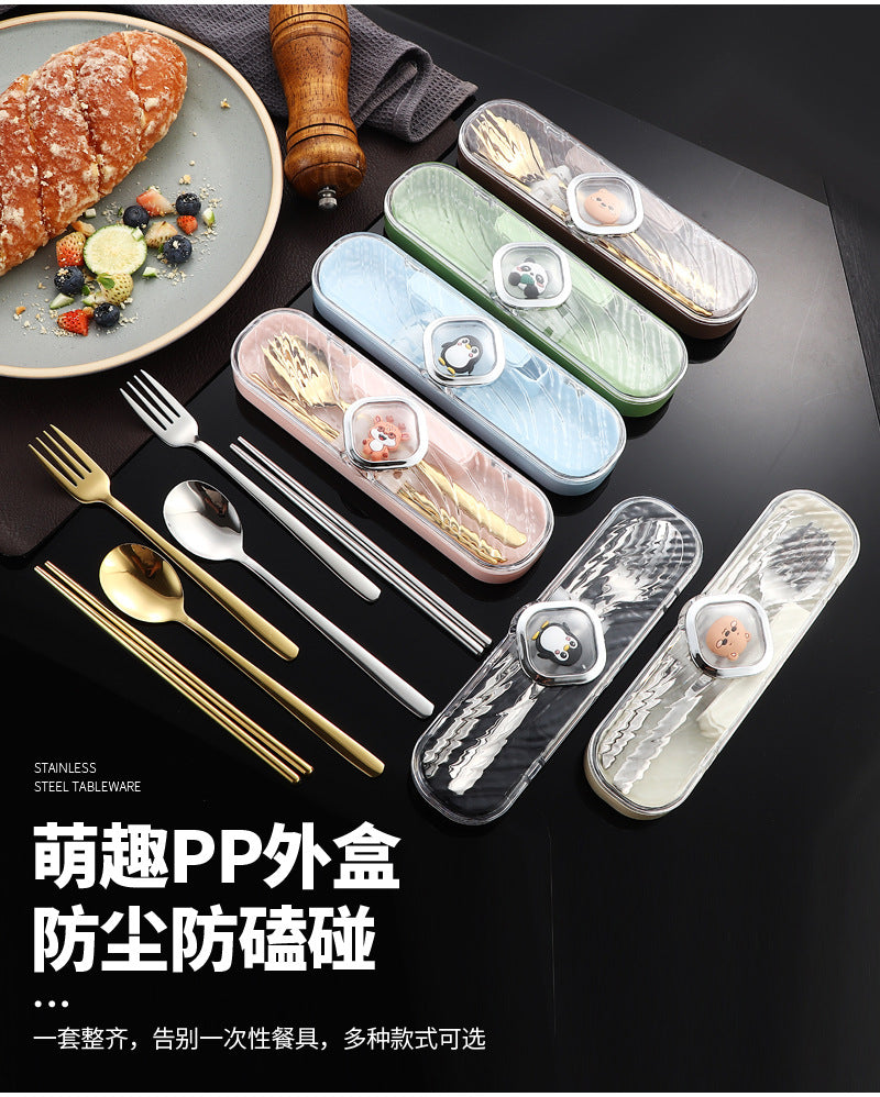 304Stainless Steel Tableware Student Cartoon Portable Tableware Set Work Outdoor Fork Spoon Chopsticks Three-piece Set