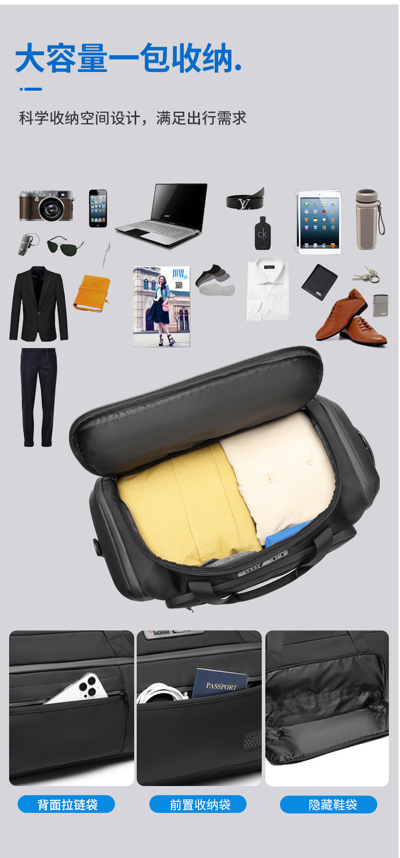 OZUKO Travel Bag Fitness Handbag Large Capacity Dry Wet Separation Can Be Inserted Into The Trolley Short Distance Business Trip Sports Men's Bag