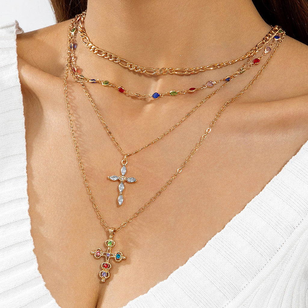 European and American Retro Hollow Diamond Cross Pendant Necklace Gothic Style Black Layered Wear Y Type Necklace