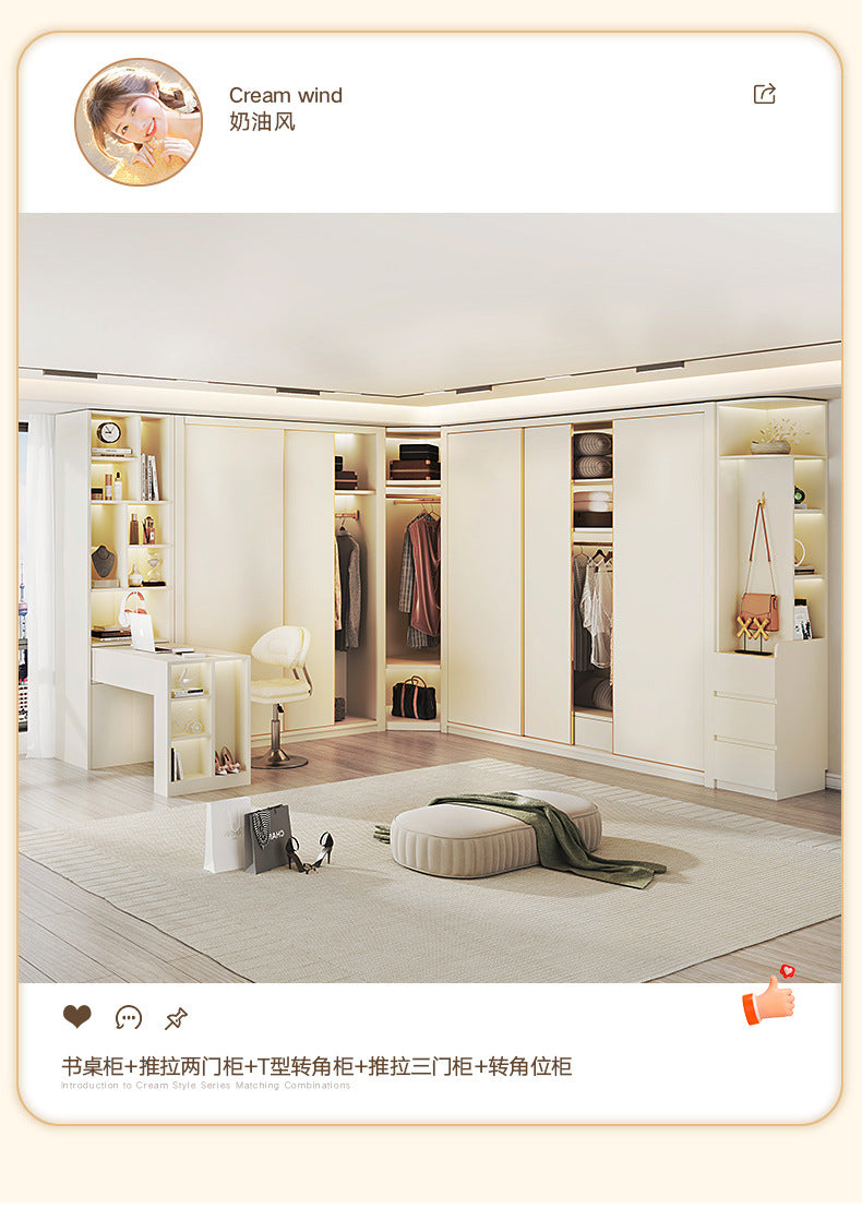 E0European Pine Board Warm White Sliding Door Wardrobe Desk Integrated Set Cream Style Bedroom Home Solid Wood Large Wardrobe
