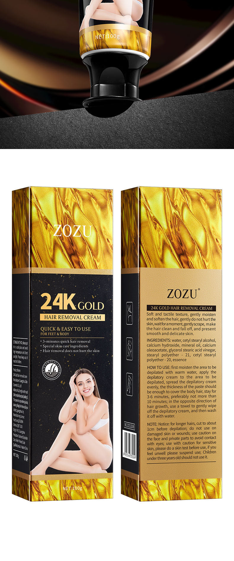 24K Gold Hair Removal Cream ZOZU Non-irritating Hair Removal Cream Wholesale for Cross-Border Trade