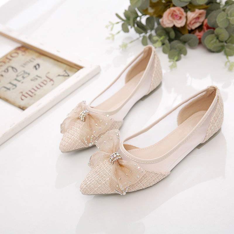 Summer Breathable Cool Single Shoes for Women, New Korean Style Evening Breeze Loafers, Bowknot Mesh Pointed Flat Shoes