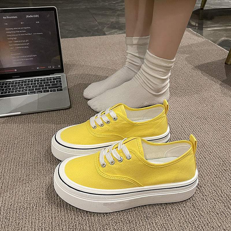 Black canvas shoes for female students Korean style new sneakers2025Spring Japanese Style Thick-Soled Casual Dopamine White Sneakers