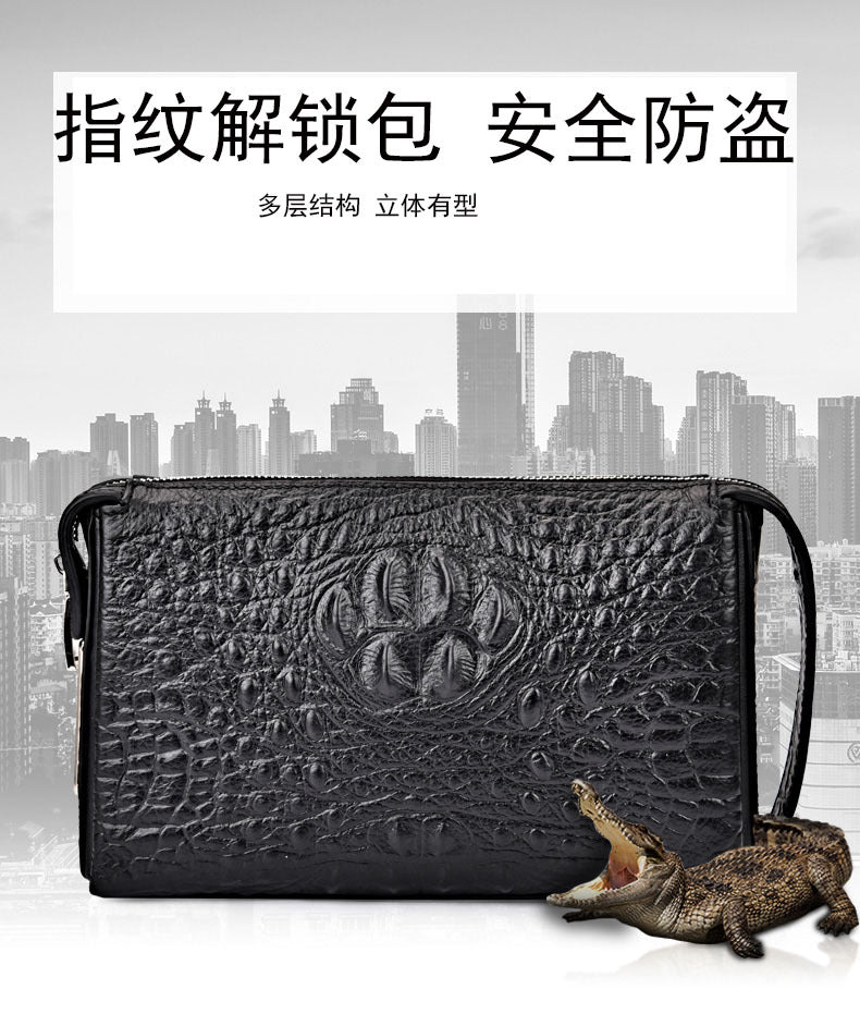 Fingerprint Lock Bag Business Commuting Men's Handbag Top Layer Cowhide Crocodile Large Capacity Multi-Card Slots Clutch