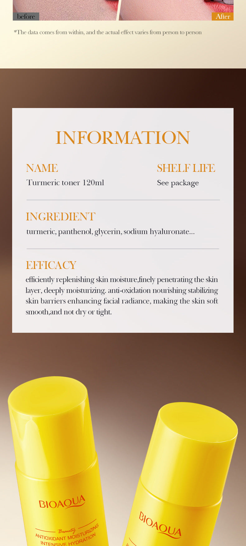 Turmeric Antioxidant Toner BIOAOUA Hydrating Moisturizing Water Cross-Border Wholesale