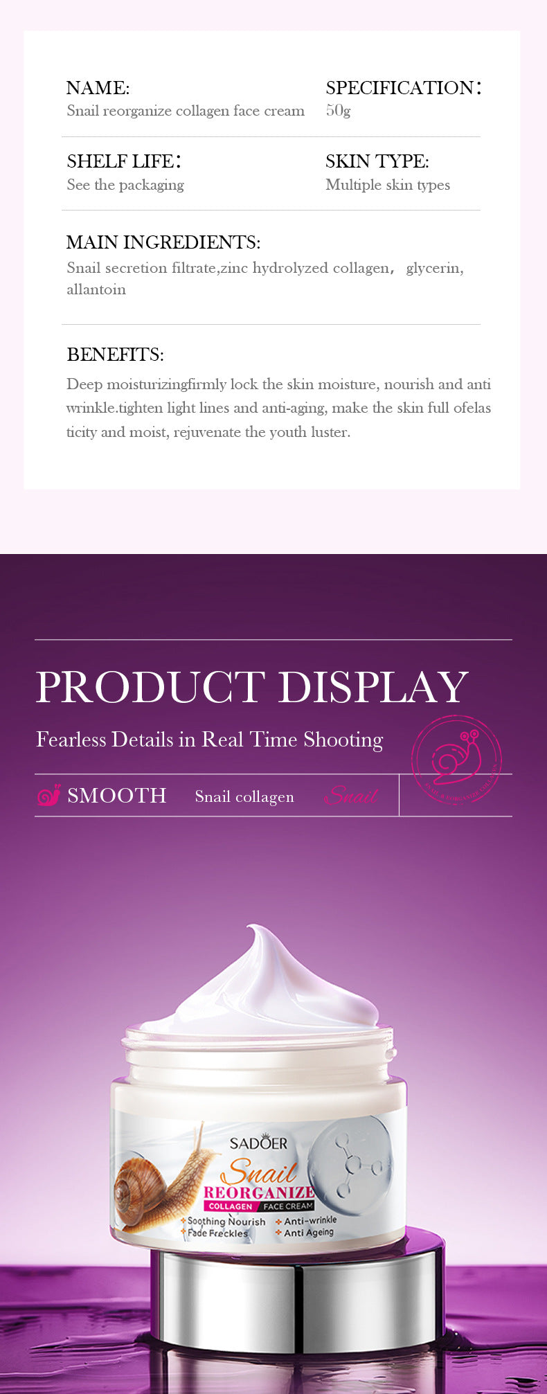 Full English Snail Face Cream50g Collagen Hydrating Moisturizing Cream  Foreign Trade Wholesale