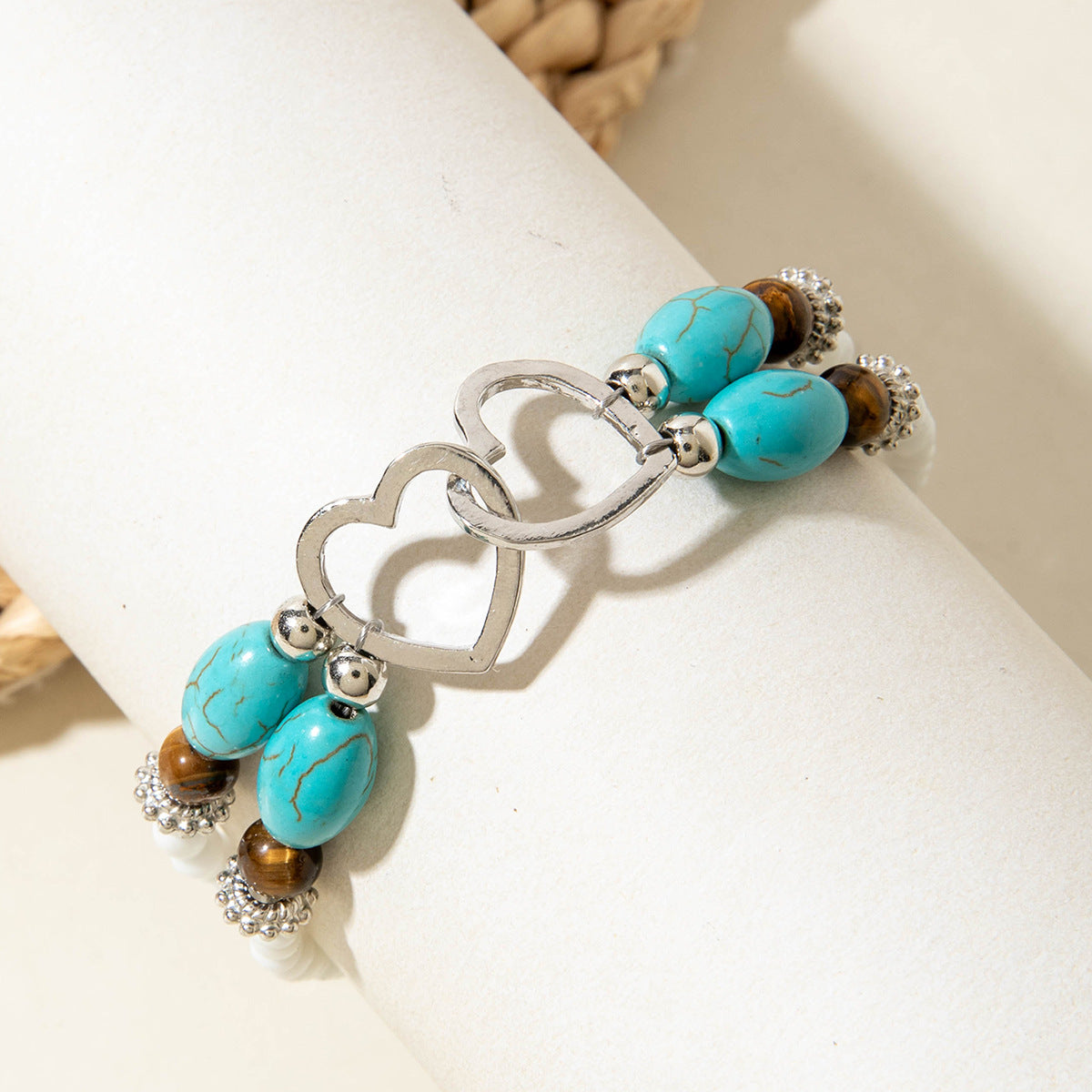 Wholesale Bohemian Vacation Style Rice Bead Turquoise Jewelry Set Metal Heart Jewelry