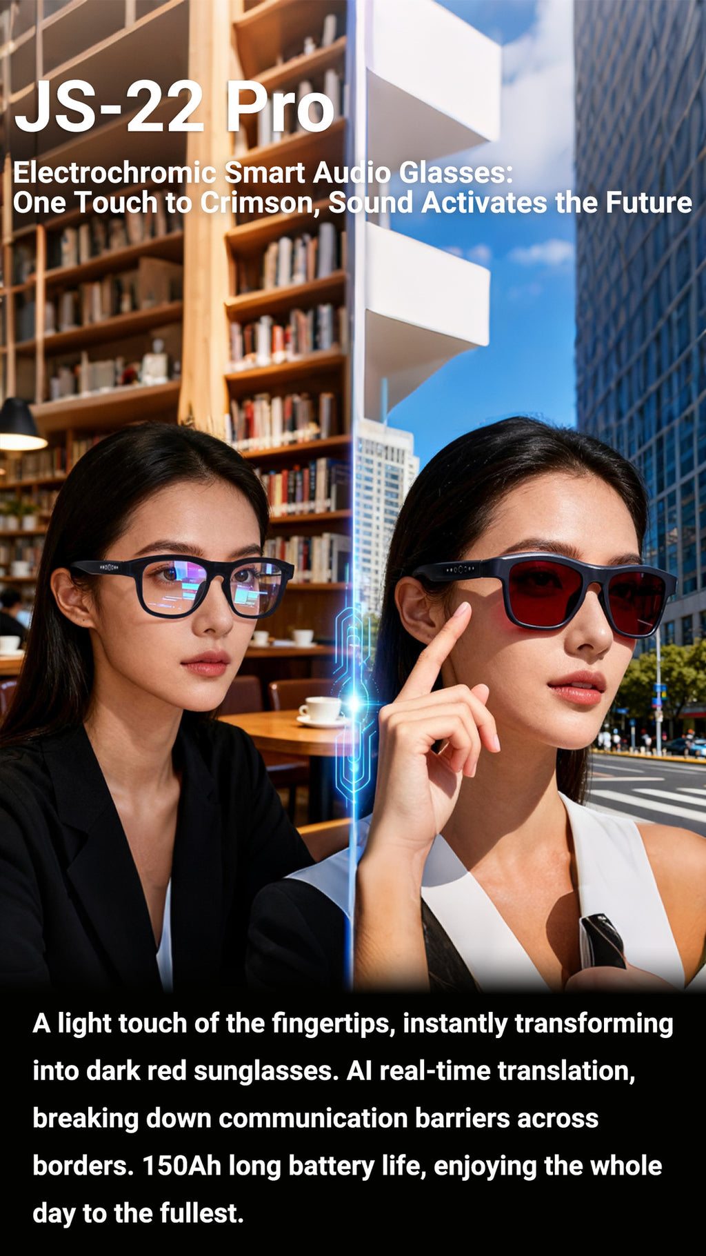 JS22 Pro Smart Glasses Bluetooth Call AI Real-time translation of meeting minutes with one-click color-changing lenses