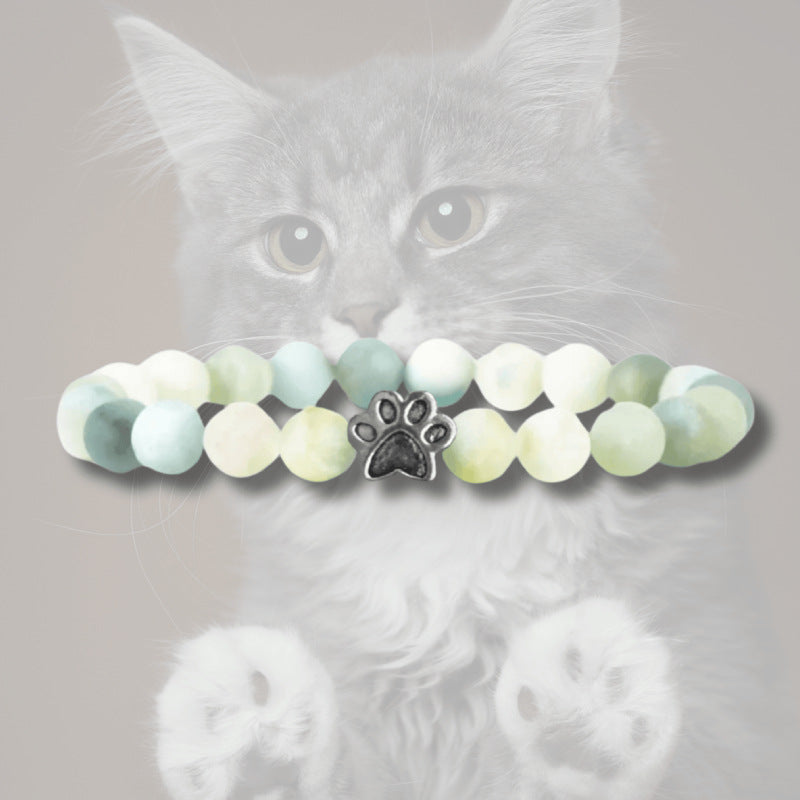 Animal Paw Print Bracelet Women's Natural Stone8mm Beaded Black Weathered Volcanic Stone White Pine Cat Claw Bracelet