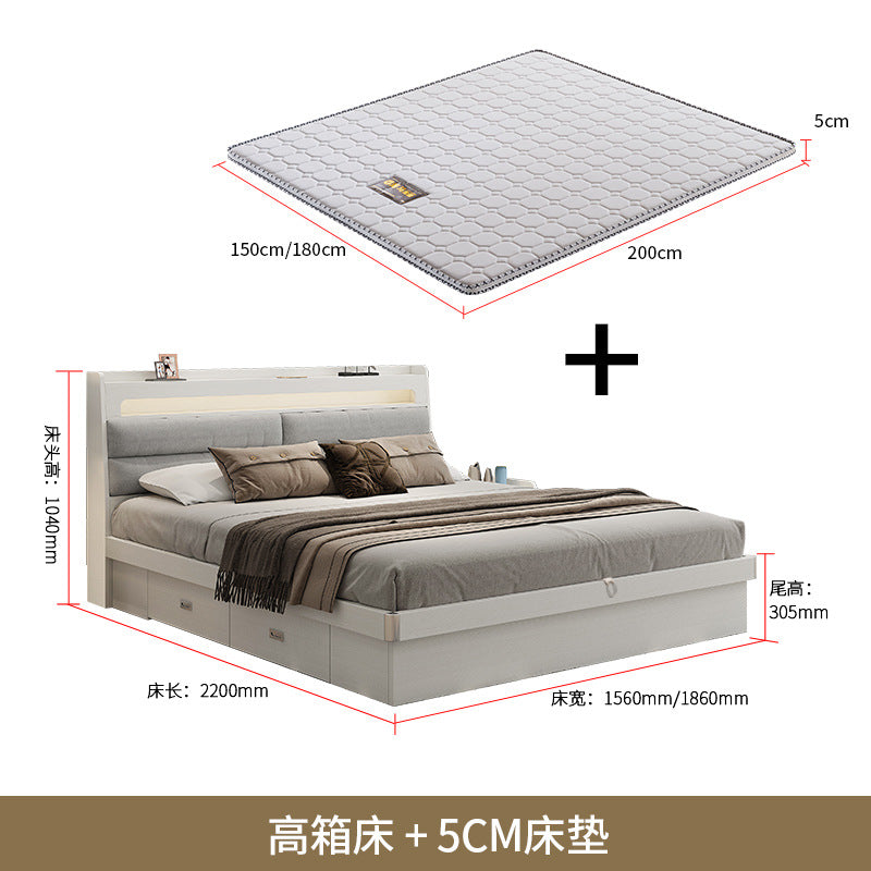 Fabric Bed1.5Small Apartment Master Bedroom Soft Pack Technology Fabric Modern Double Bed White Simple Solid Wood Storage Bed