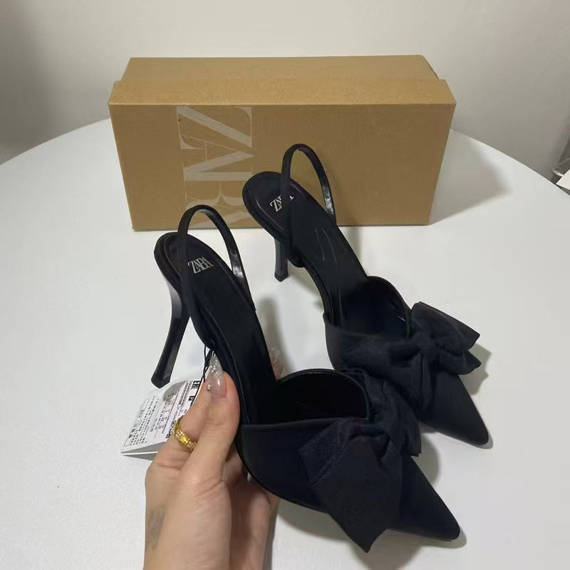 Summer New Style Socialite Black Bow Decorated Stiletto High Heels Pointed Toe Backless Single Shoes Party French Sandals ZA