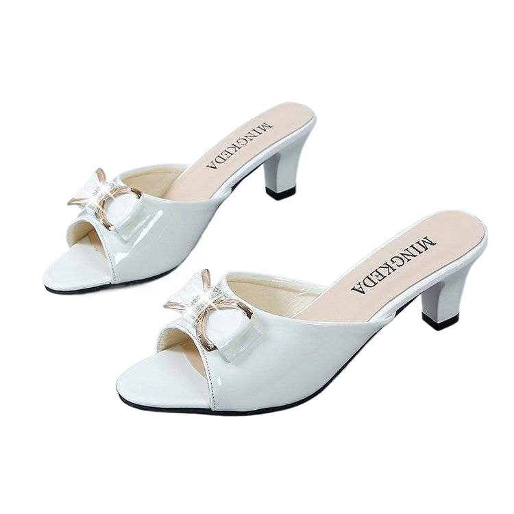 Korean Version Fashion Versatile Bowknot Thin Heel High Heels Women's Outdoor Wear Mid Heel Peep Toe Slippers Large Size Sandals Women's Shoes