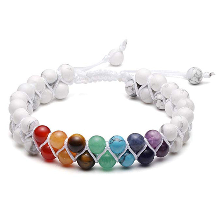 Men's Natural Stone Double Row Bracelet Woven Adjustable Bracelet Couple Colorful Volcanic Stone Woven Bracelet