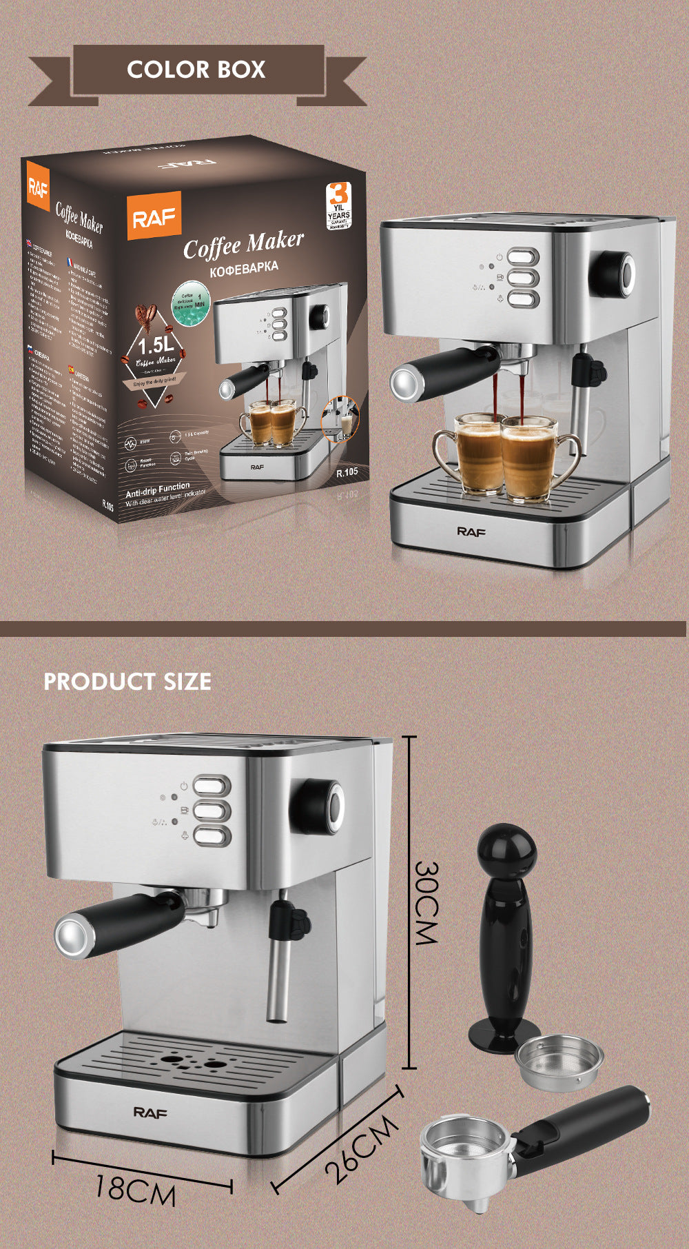 RAF Coffee Machine Household EU Plug Small Italian Semi-automatic Steam Milk Frother Integrated Coffee Pot