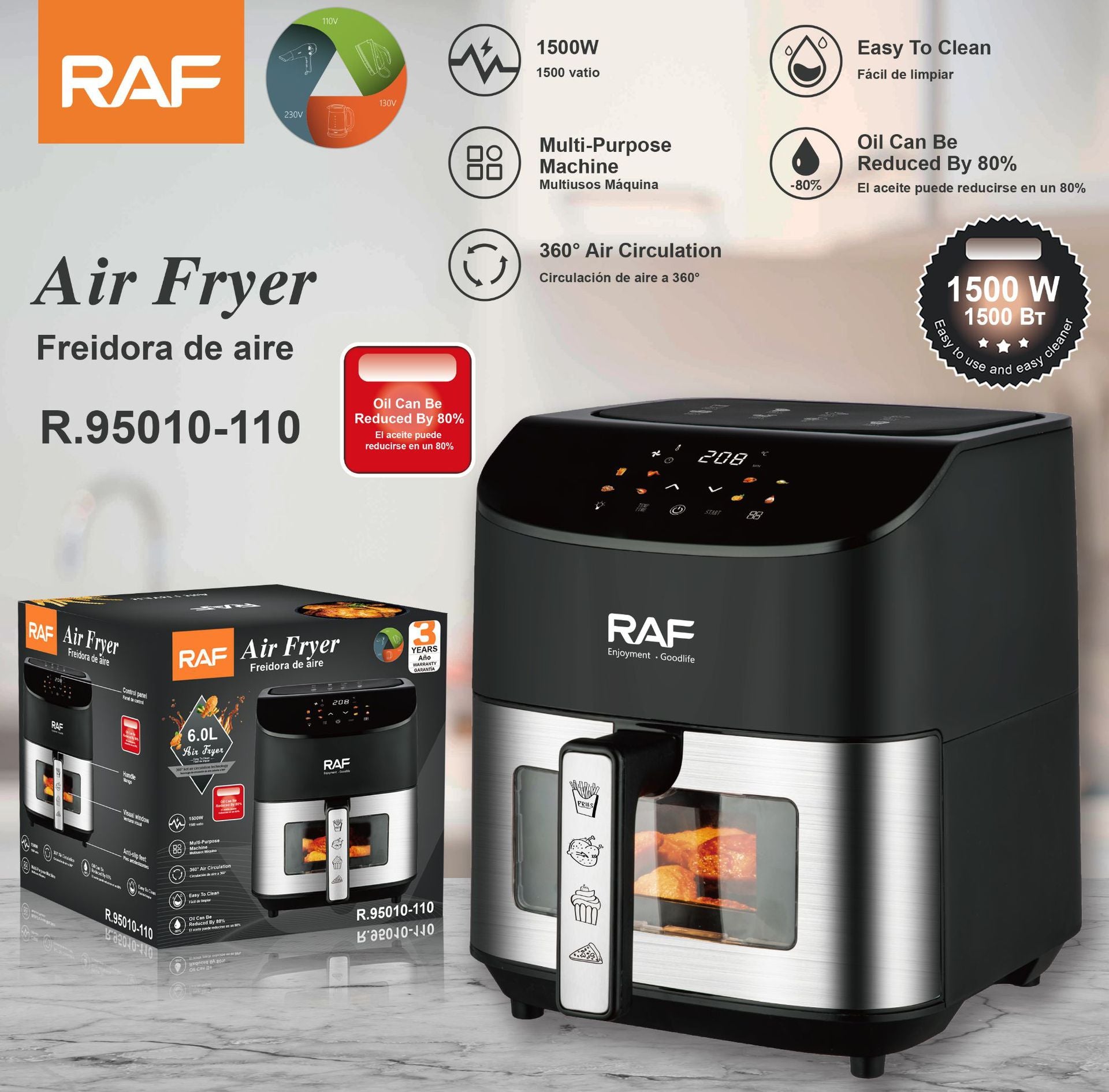 RAF European Standard Air Fryer6L Household Oil-Free Fryer Smokeless Electric Grill Electric Cooking Pot