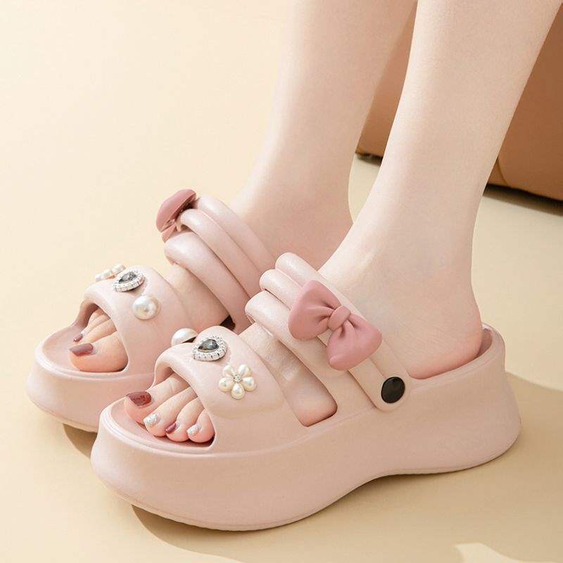 Thick Bottom eva Women's Summer New Indoor Slippers ins Cute Bowknot Sandals Non-Slip Height Increasing Outdoor Fashion