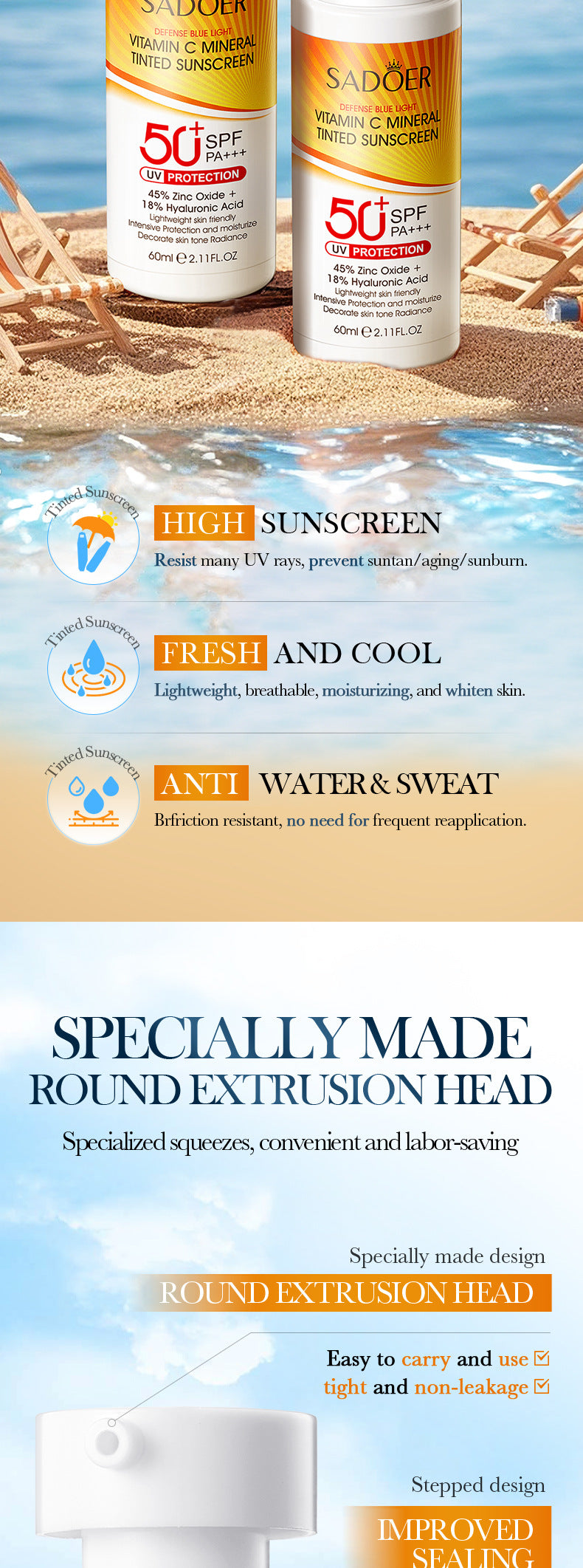 Vitamin C Mineral Tinted Sunscreen SADOER Isolation Sunscreen Lotion Cross-Border Wholesale