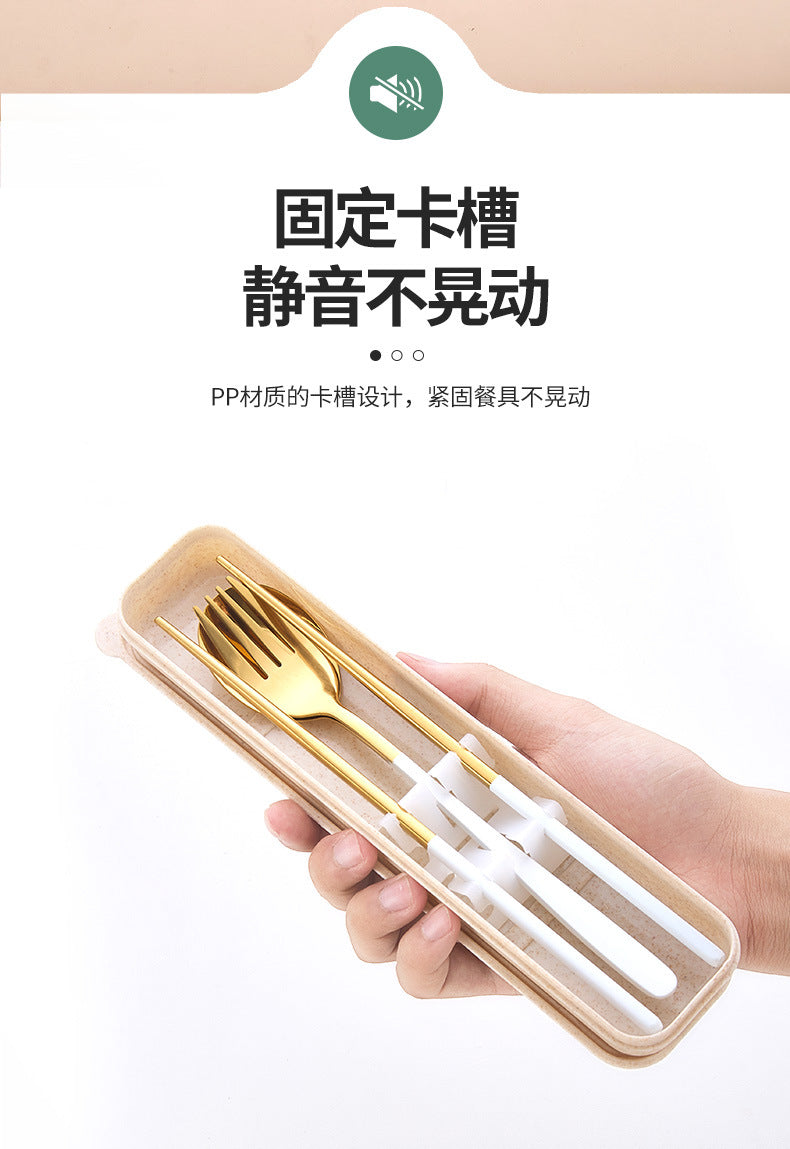 Stainless Steel Korean Portable Tableware Set Spoon Fork Chopsticks Three-Piece Set Student Travel Internet Celebrity Tableware