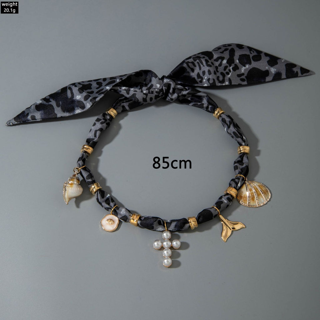 European and American Style Ocean-themed Cross Conch Starfish Pendant Leopard Print Exaggerated Necklace Collarbone Chain Jewelry
