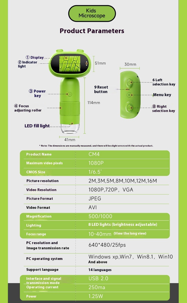Cartoon High-Definition New Children's Digital Electronic Microscope with Screen Handheld Portable Magnifier Educational Gift In Stock