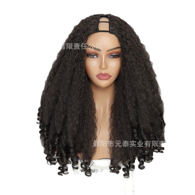 Africa YAKI Straight Hair with Curly Ends Synthetic Wig V High-Temperature Fiber Wig with Hollow Top