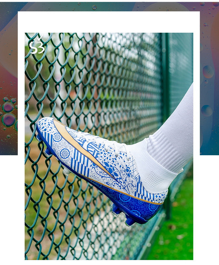 World Cup Same Style Blue and White Porcelain High-top Soccer Shoes for Men and Women, Children and Youth Competition Training Shoes