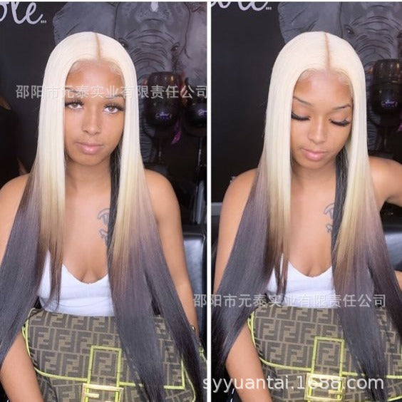 gold Brown Gradient Highlight Synthetic Wig Cross-Border Europe and America Blonde Ombre 13*4 Lace Front