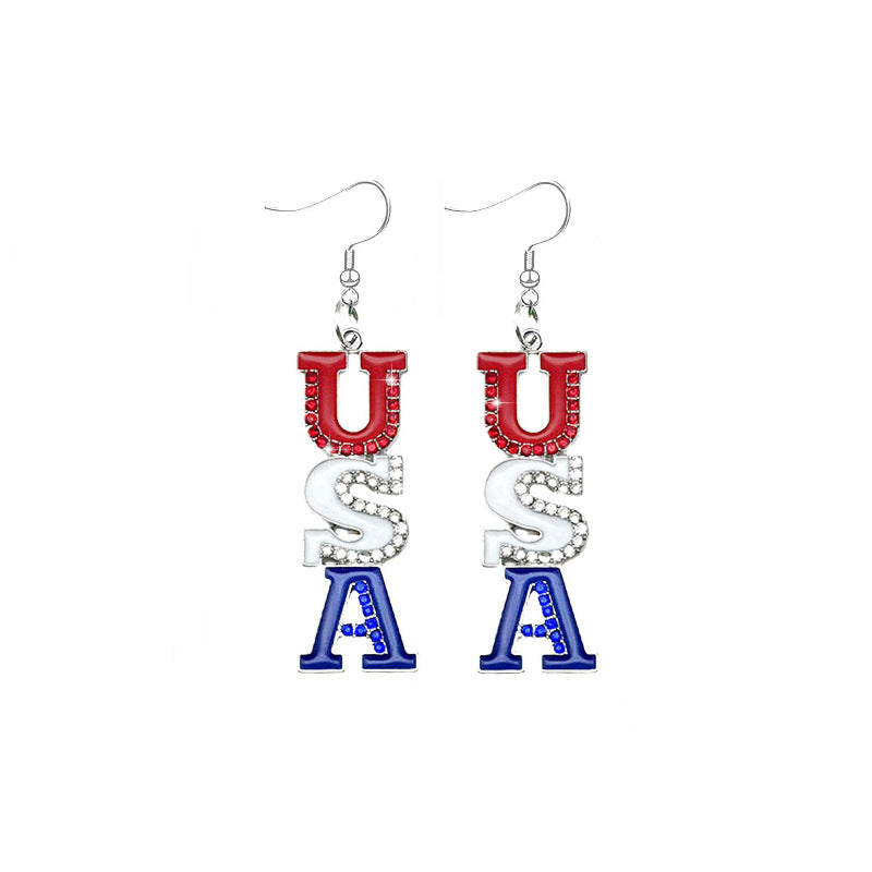 Women's Independence Day Alloy Earrings Red White Blue USA Letter Star Party Personality Wing Oil Drop Alloy Earrings