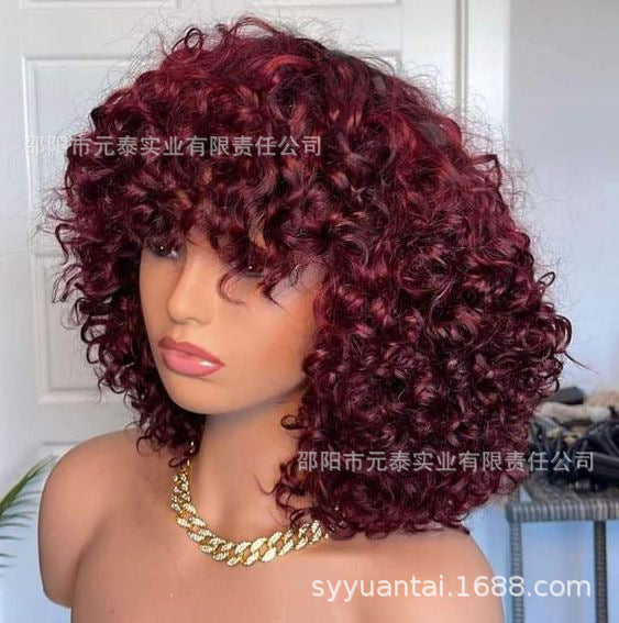 Wine Red Short Bouncy Curly Bob Wig with Bang Human Hair wig