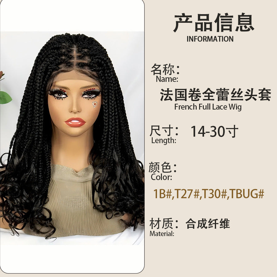 Cross-Border Hot-Selling French Curl Full Lace Hand-Woven Three-Strand Braid Women's Wig Braid hair Headband Style
