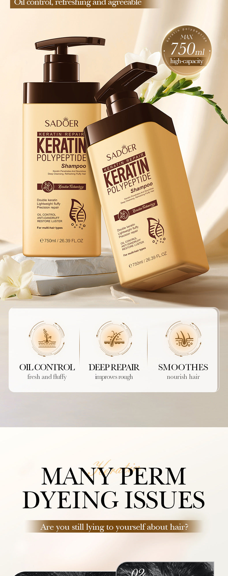 Keratin Peptide Anti-Dandruff Shampoo SADOER Fluffy Cleansing Shampoo Cross-Border Wholesale