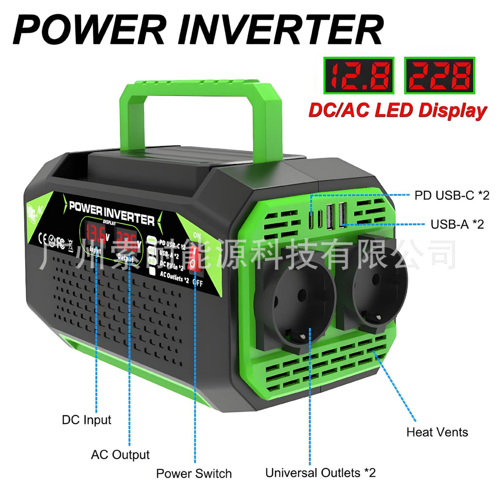 European Standard Socket Car Inverter300W/500W12V Turn220V/230V With dual display/USB/Type-C