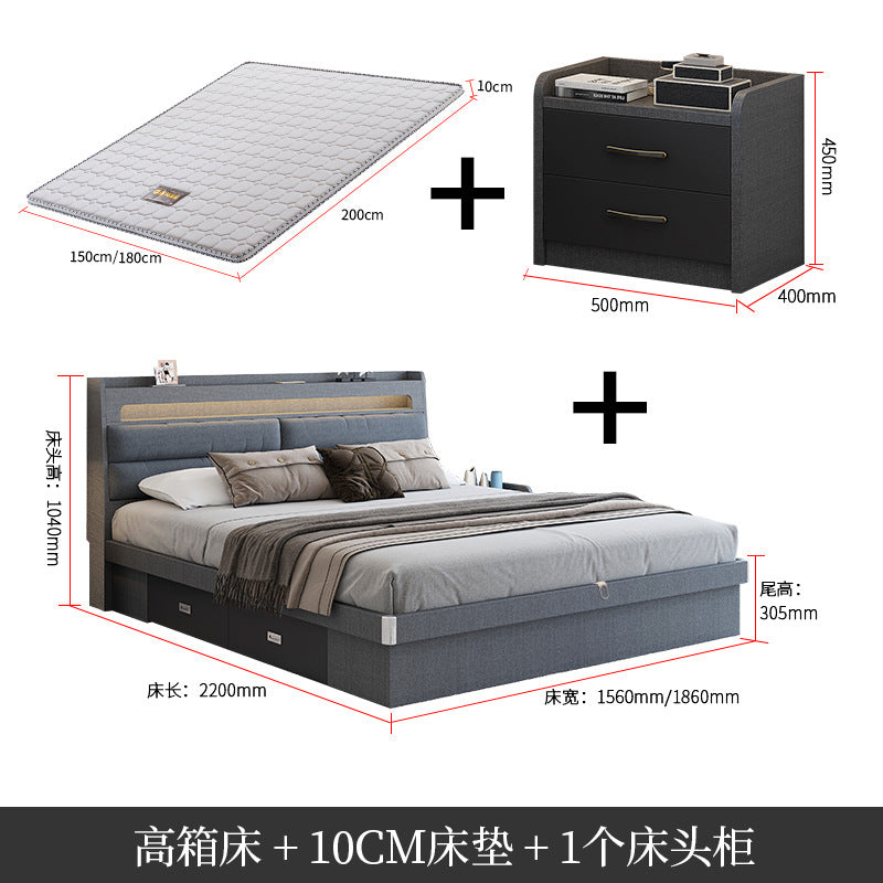 Factory Custom Tech Fabric Bed1.8Gray High Box Storage Bed for Bedroom Double Bed, No Paint Needed, Storage Artifact