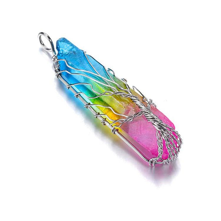 Natural White Crystal Women's Necklace with Color Plated Hexagonal Column Life Tree Pendant Bronze Wire Wrapped Crystal Pendant Necklace
