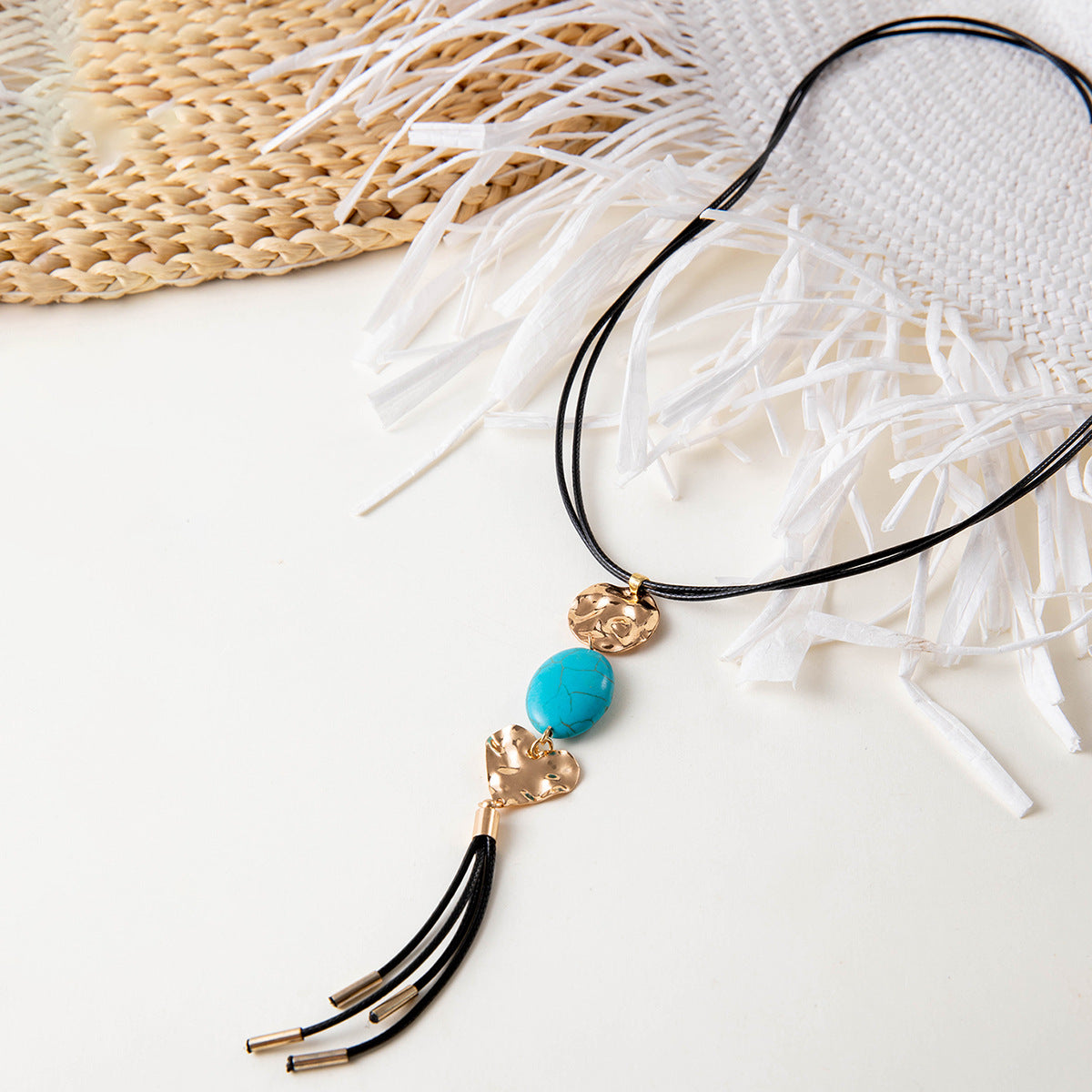 European and American Retro Turquoise Pendant Sweater Chain Design Heart-shaped Women's Autumn Winter Long Tassel Y Type Necklace