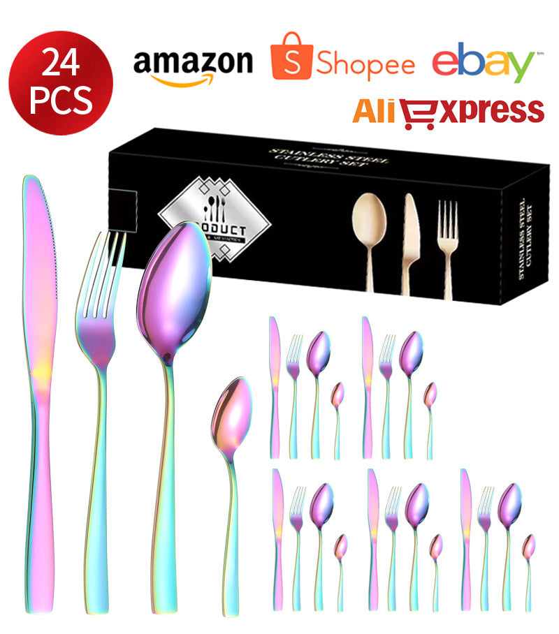 410Stainless Steel Tableware24Set of Hotel Western Dining Square Handle Steak Knife, Fork, Spoon, Tea Spoon