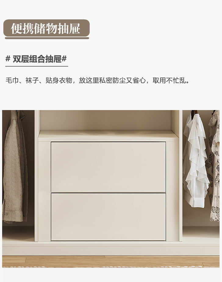 Cream Style Solid Wood Sliding Door Wardrobe for Home Bedroom with Hanging Area, Multiple Storage Cabinets, and Segmented Large Wardrobe